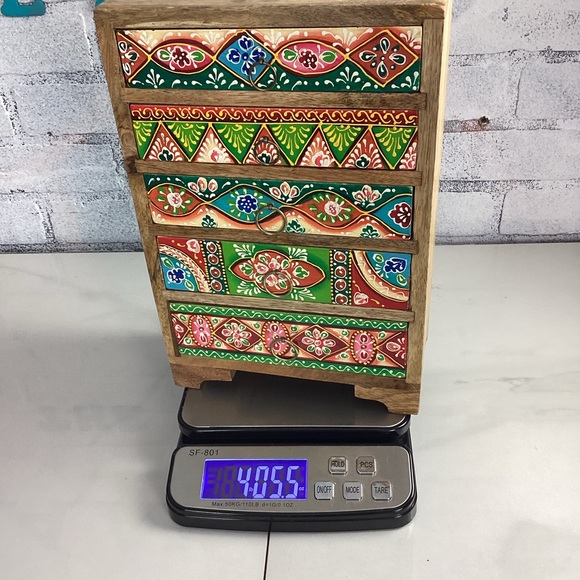 Wooden Handmade Hand-Painted 5-Drawer Chest Rainbow Embossed Work, India - Picture 12 of 12